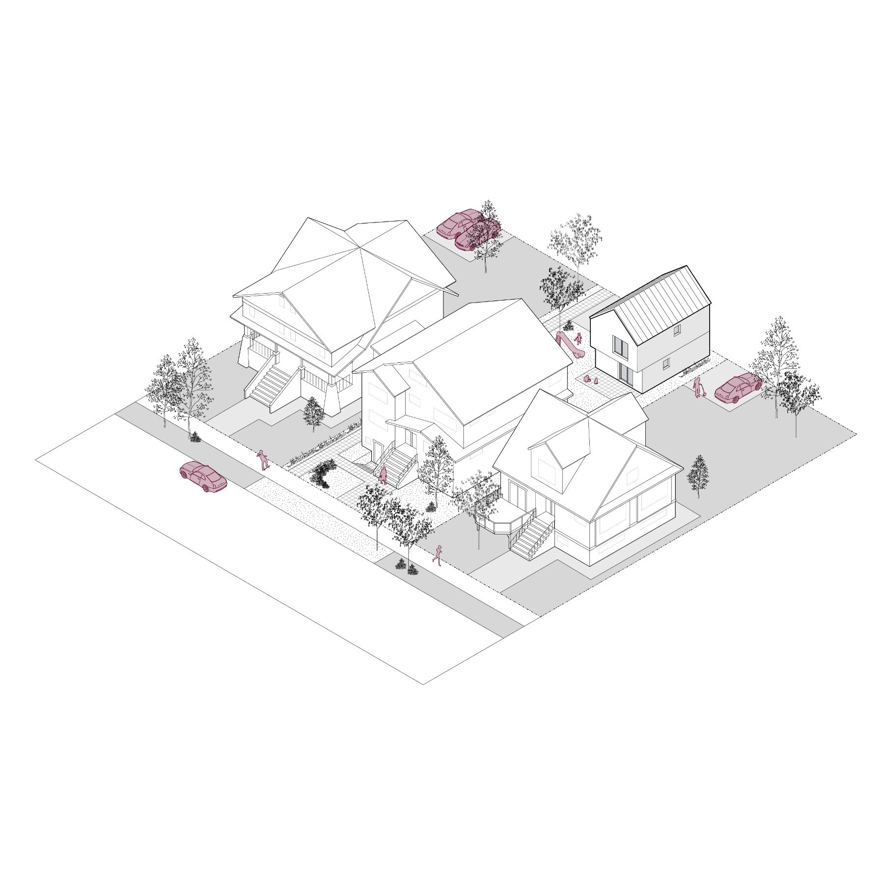 A 3D line rendering of the unit ADU 02, which is approximately 700 square feet. It demonstrates the unit's placement in a neighbourhood, highlighting its compact yet spacious design. The model shows how the unit can be positioned to maximize privacy and natural light.